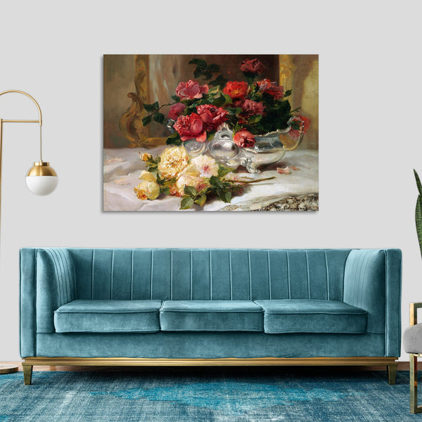 Quadro Stampa su Tela con Telaio in Legno Eugene Henri Cauchois - Roses on a Dressing Table