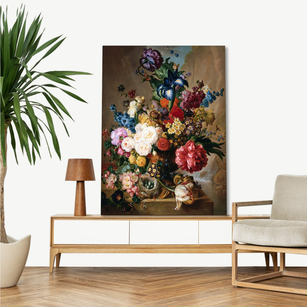 Quadro Stampa su Tela con Telaio in Legno Jan Van Os - Poppies, Peonies and other Flowers in a Terracotta Vase