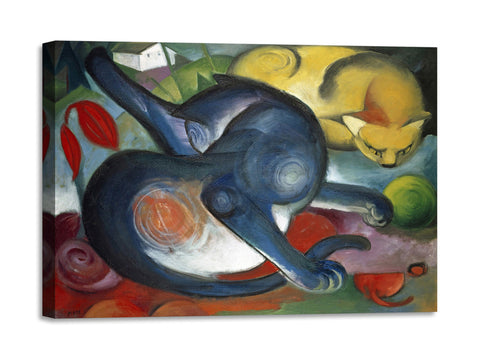 Quadro Stampa su Tela con Telaio in Legno Franz Marc - Two cats, blue and yellow