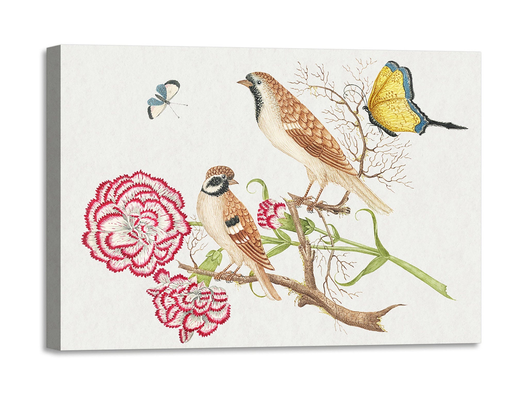 Quadro Stampa su Tela con Telaio in Legno Two brown birds with carnations and butterflies