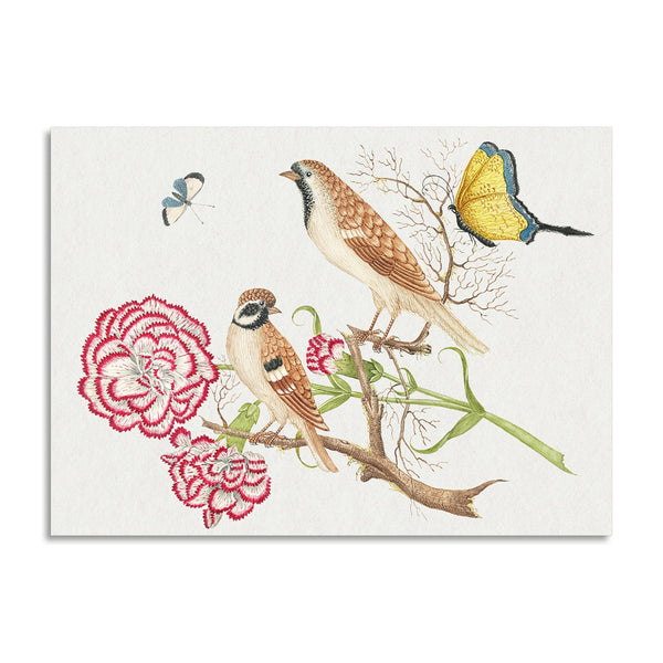 Quadro Stampa su Tela con Telaio in Legno Two brown birds with carnations and butterflies