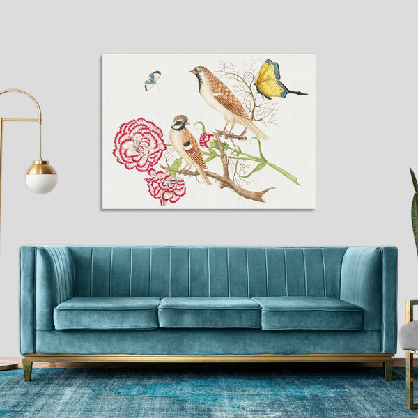 Quadro Stampa su Tela con Telaio in Legno Two brown birds with carnations and butterflies