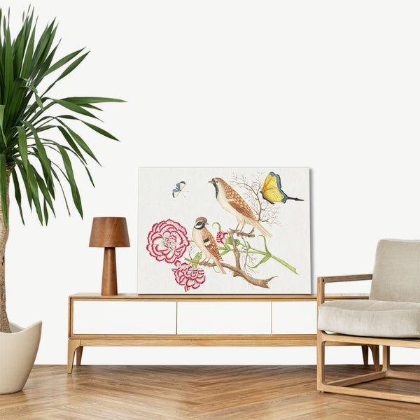 Quadro Stampa su Tela con Telaio in Legno Two brown birds with carnations and butterflies