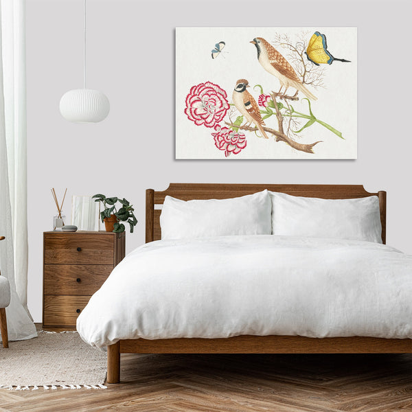 Quadro Stampa su Tela con Telaio in Legno Two brown birds with carnations and butterflies