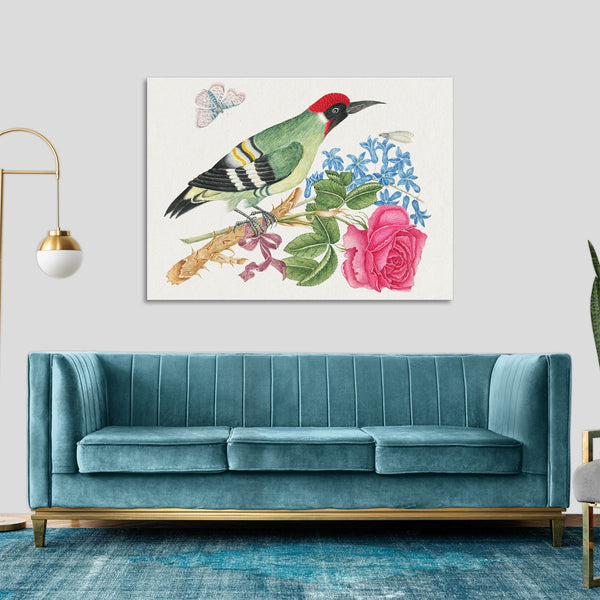 Quadro Stampa su Tela con Telaio in Legno European green woodpecker on a branch with rose