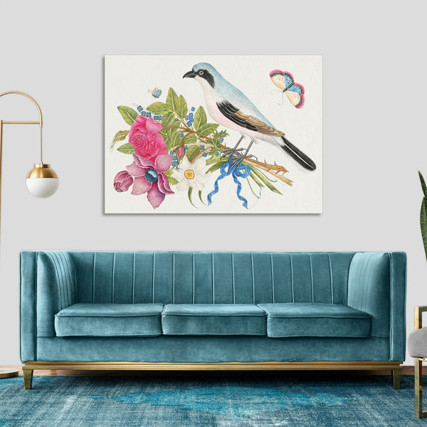 Quadro Stampa su Tela con Telaio in Legno Blue bird on a bouquet of roses and tulips with butterflies