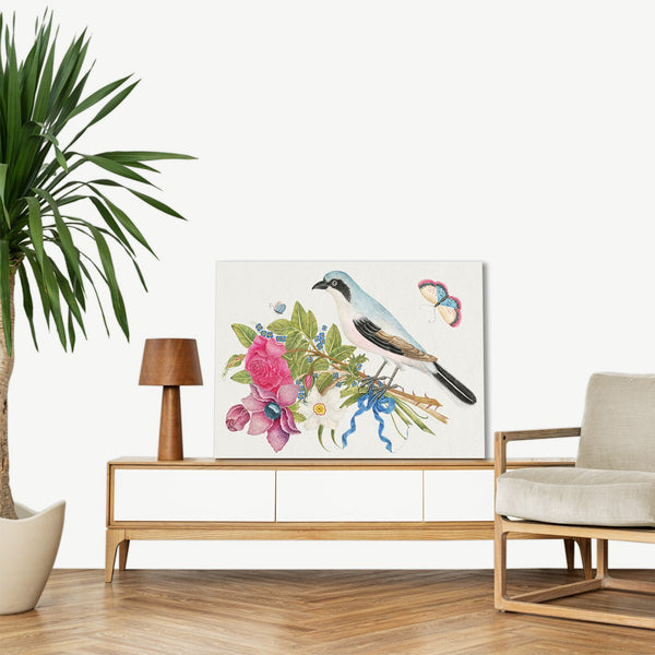 Quadro Stampa su Tela con Telaio in Legno Blue bird on a bouquet of roses and tulips with butterflies