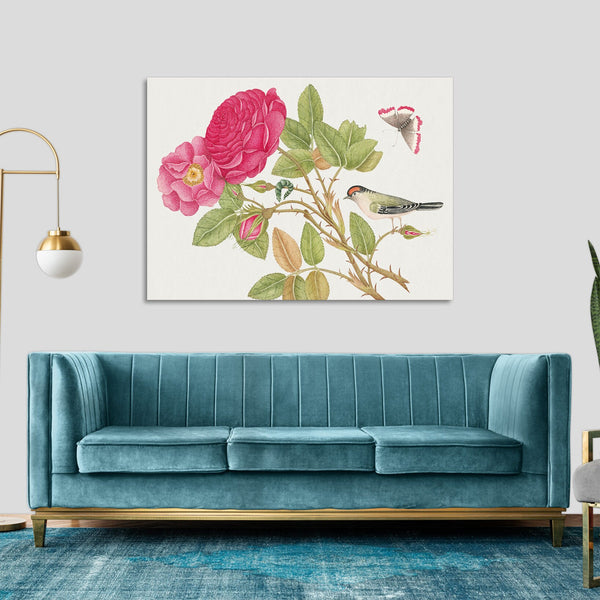 Quadro Stampa su Tela con Telaio in Legno Small red headed bird on rose branch