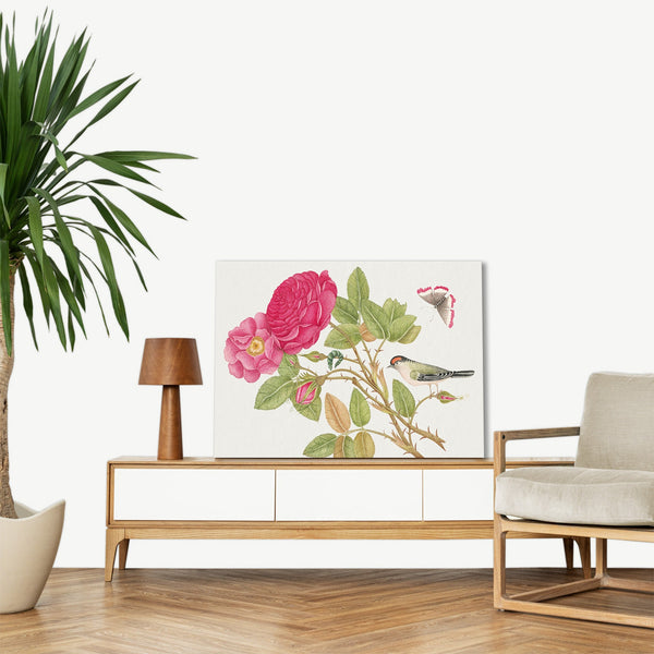 Quadro Stampa su Tela con Telaio in Legno Small red headed bird on rose branch