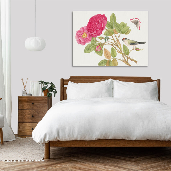 Quadro Stampa su Tela con Telaio in Legno Small red headed bird on rose branch