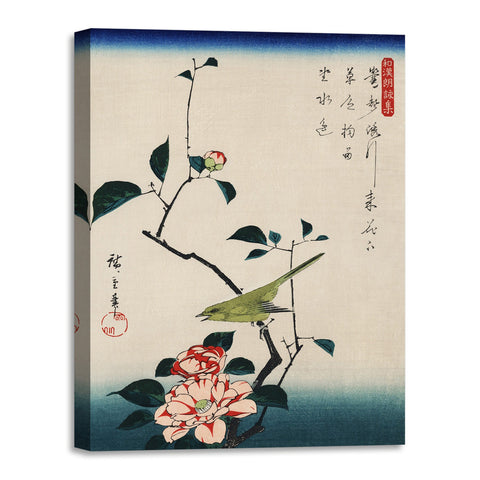 Quadro Stampa su Tela con Telaio in Legno Ando Hiroshige - Camellia and Nightingale