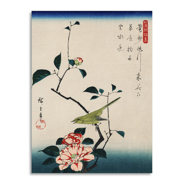 Quadro Stampa su Tela con Telaio in Legno Ando Hiroshige - Camellia and Nightingale