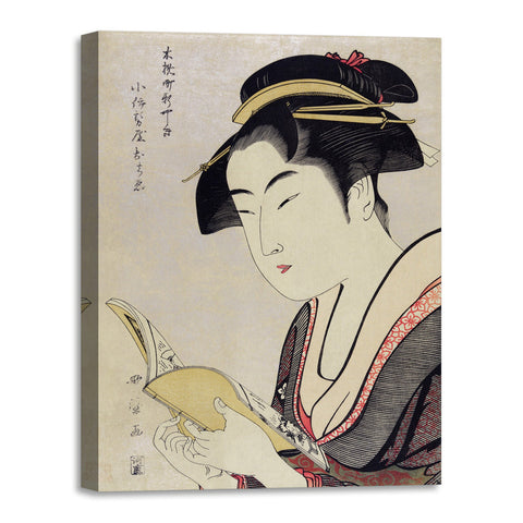 Quadro Stampa su Tela con Telaio in Legno Utamaro Kitagawa - Kobikicho Arayashiki Koiseya Ochie