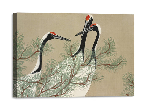Quadro Stampa su Tela con Telaio in Legno Kamisaka Sekka - Cranes from Momoyogusa–Flowers of a Hundred Generations