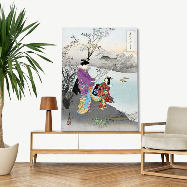 Quadro Stampa su Tela con Telaio in Legno Ogata Gekko - Admiring the Plum Blossom