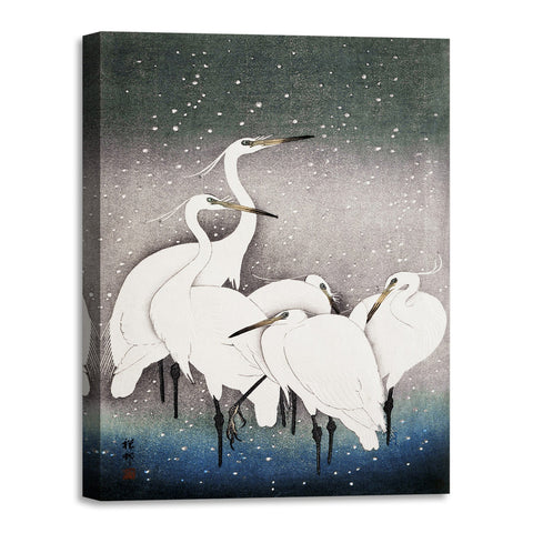 Quadro Stampa su Tela con Telaio in Legno Ohara Koson - Group of Egrets