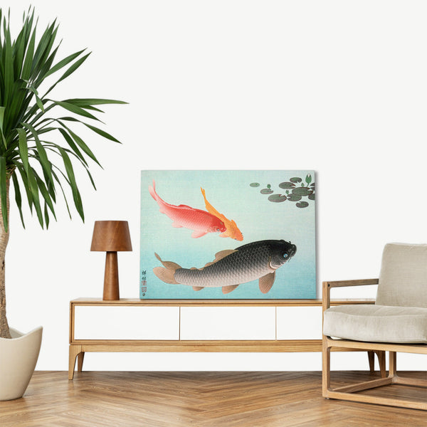 Quadro Stampa su Tela con Telaio in Legno Ohara Koson - Common and Golden Carp