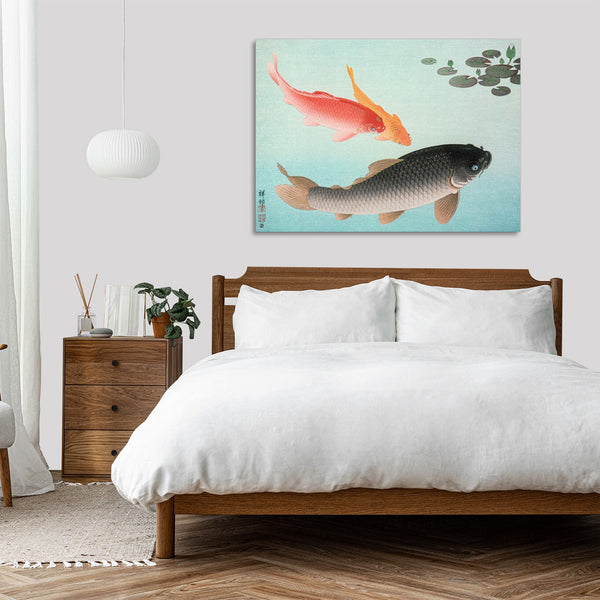 Quadro Stampa su Tela con Telaio in Legno Ohara Koson - Common and Golden Carp