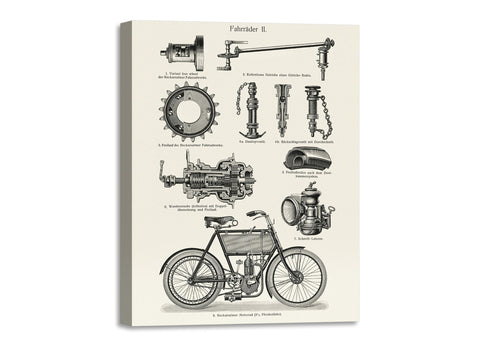 Quadro Stampa su Tela con Telaio in Legno Lithograph of different bicycle parts