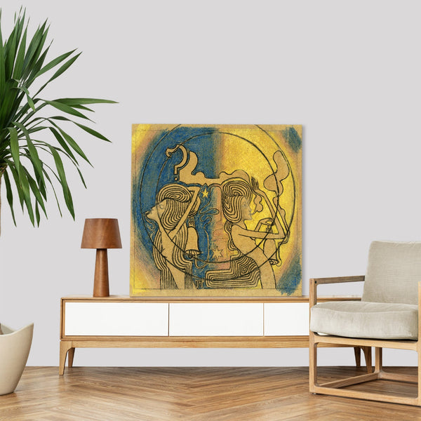 Quadro Stampa su Tela con Telaio in Legno Jan Toorop - Two stylized female figures with clock in hand