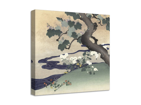 Quadro Stampa su Tela con Telaio in Legno Kogyo Tsukioka - Tree and chrysanthemums