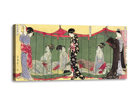 Quadro Stampa su Tela con Telaio in Legno Utamaro Kitagawa - Fujin Tomarikyaku no zu