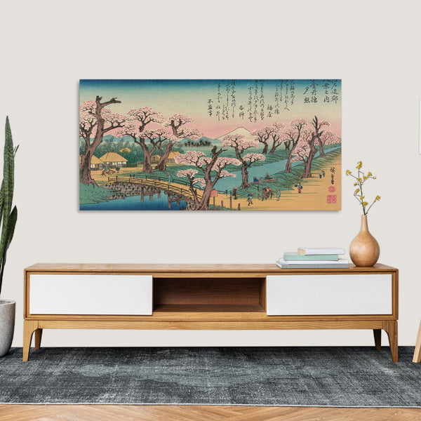 Quadro Stampa su Tela con Telaio in Legno Ando Hiroshige - Evening Glow at Koganei Bridge