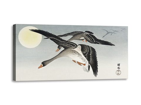 Quadro Stampa su Tela con Telaio in Legno Ohara Koson - Birds at full moon