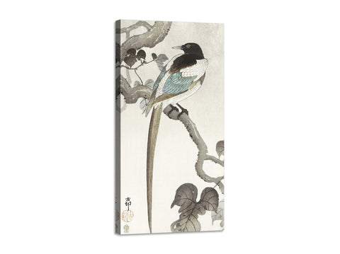 Quadro Stampa su Tela con Telaio in Legno Ohara Koson - Magpie on tree branch