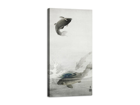 Quadro Stampa su Tela con Telaio in Legno Ohara Koson - Three carps