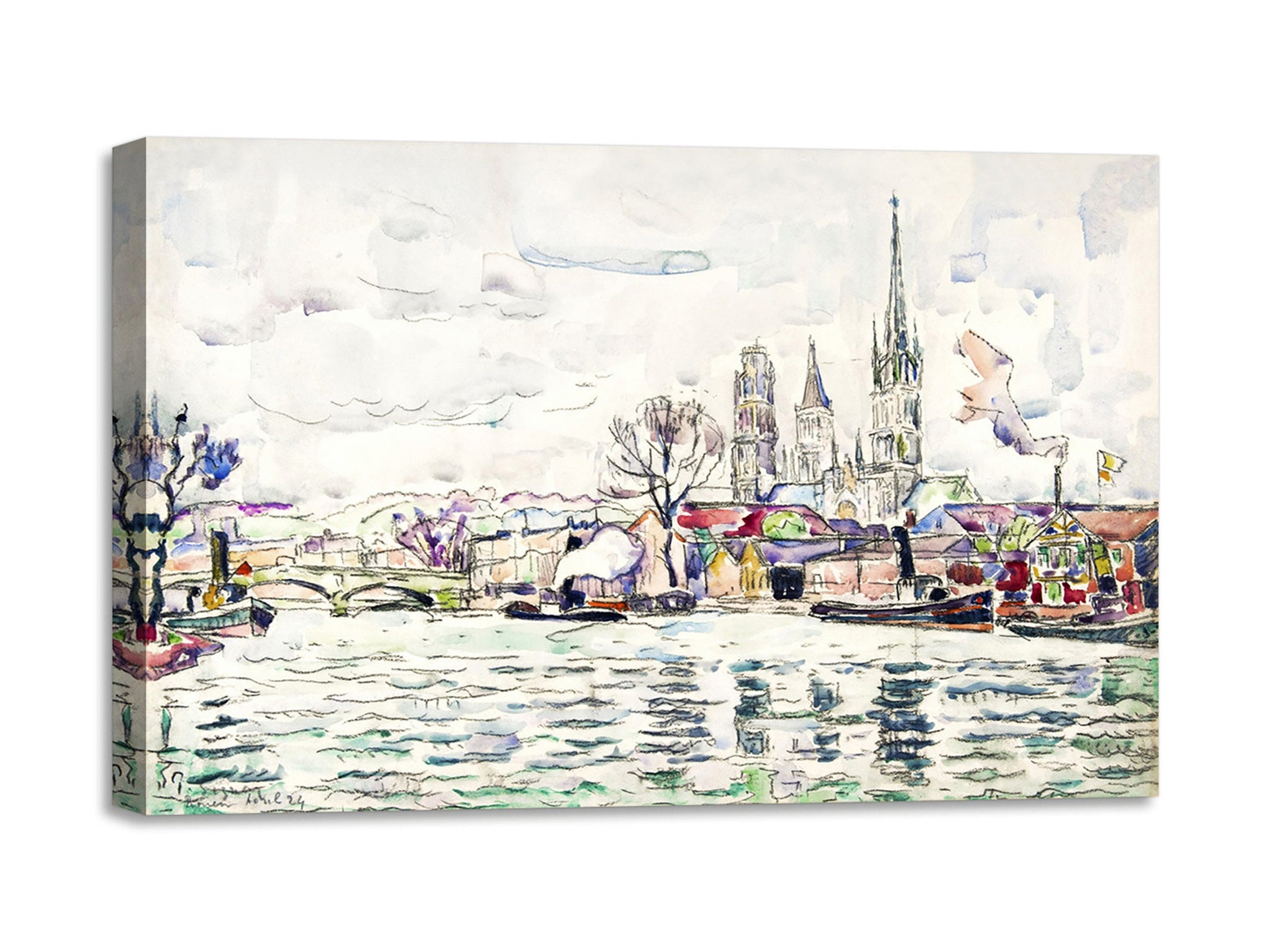 Quadro Stampa su Tela con Telaio in Legno Paul Signac - River scene