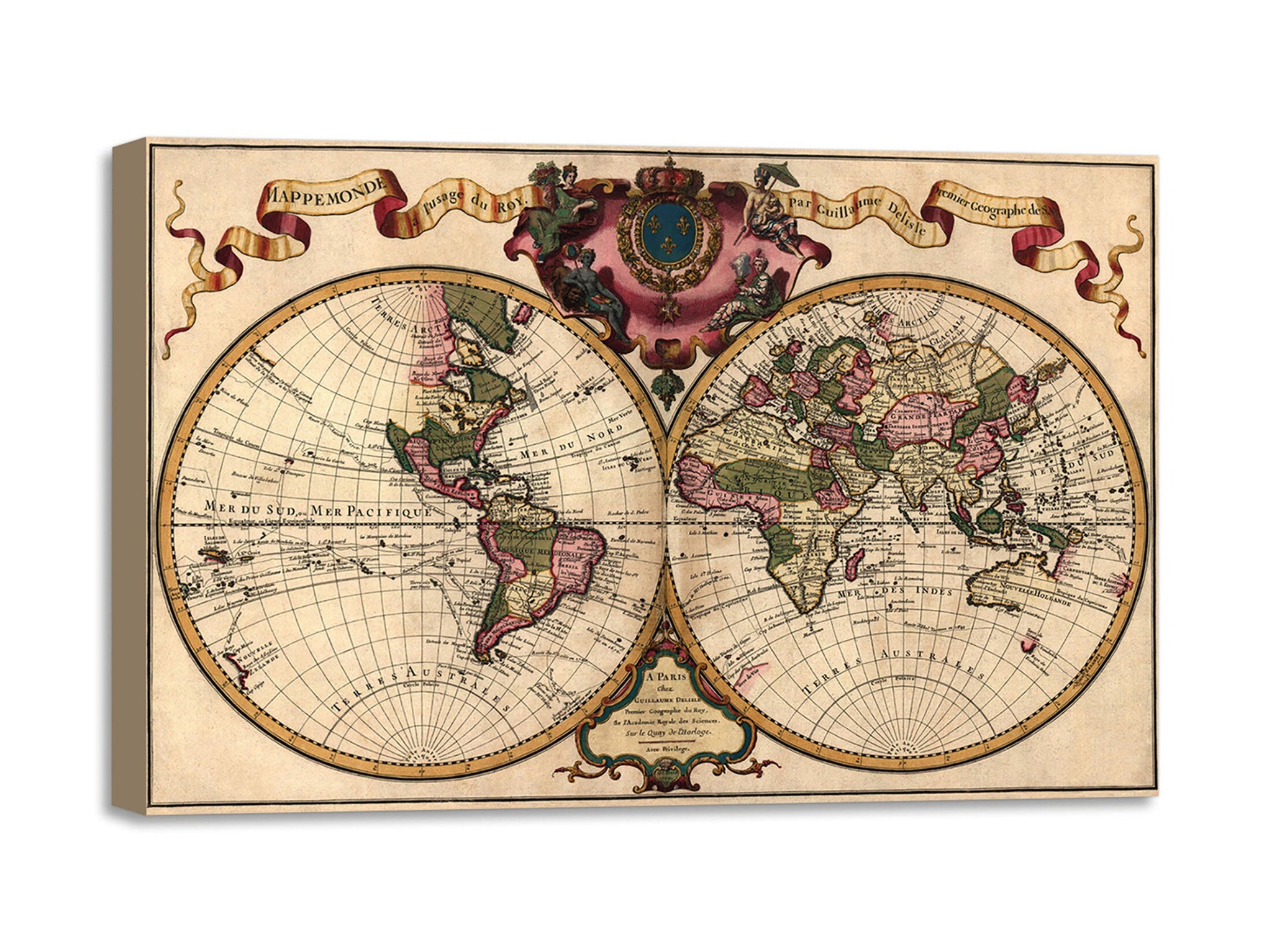 Quadro Stampa su Tela con Telaio in Legno Guillaume De LIsle - World Map Prepared for then French King