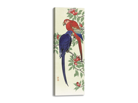 Quadro Stampa su Tela con Telaio in Legno Ohara Koson - Red and a blue parrot