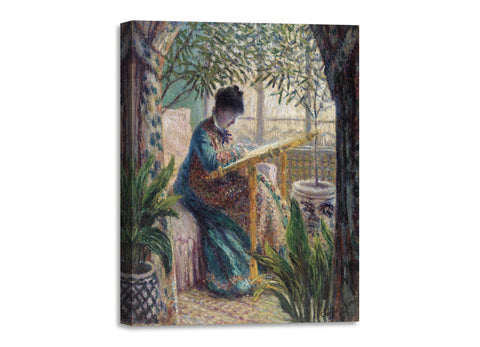 Quadro Stampa su Tela con Telaio in Legno Claude Monet - Madame Monet Embroidering