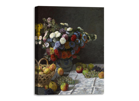 Quadro Stampa su Tela con Telaio in Legno Claude Monet - Still Life with Flowers and Fruit