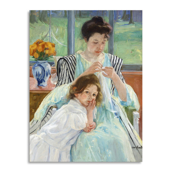 Quadro Stampa su Tela con Telaio in Legno Mary Cassatt - Young Mother Sewing