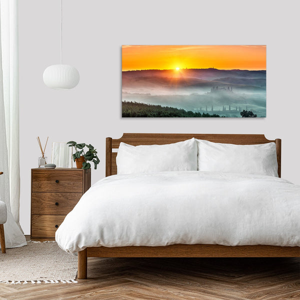 Quadro Stampa su Tela con Telaio in Legno paesaggio montagne tramonto