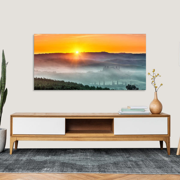 Quadro Stampa su Tela con Telaio in Legno paesaggio montagne tramonto