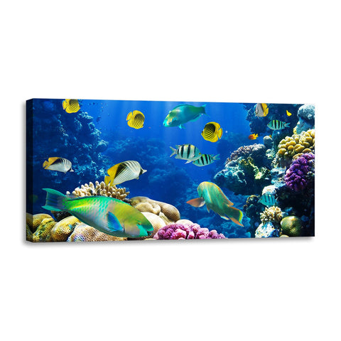 Quadro Stampa su Tela con Telaio in Legno paesaggio acquario pesci tropicali