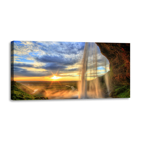 Quadro Stampa su Tela con Telaio in Legno paesaggio cascata tramonto