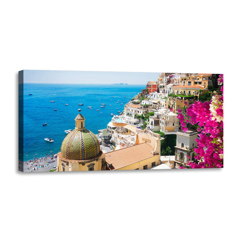 Quadro Stampa su Tela con Telaio in Legno paesaggio costiera amalfitana
