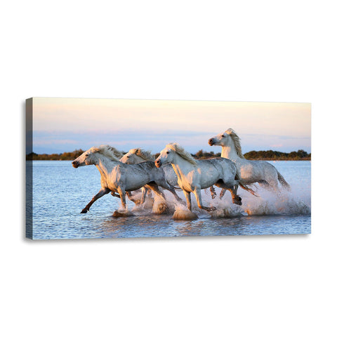 Quadro Stampa su Tela con Telaio in Legno paesaggio cavalli mare spiaggia