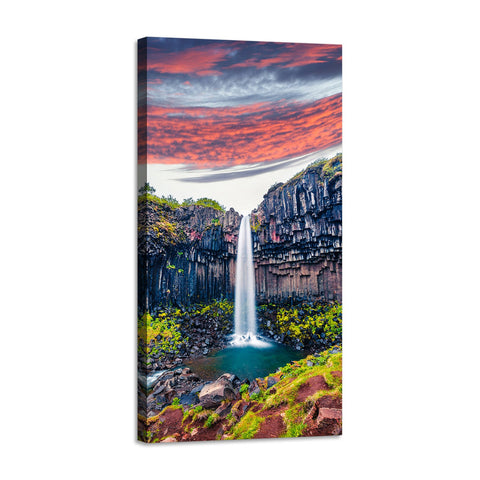 Quadro Stampa su Tela con Telaio in Legno paesaggio cascata tramonto