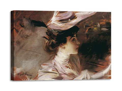 Quadro Stampa su Tela con Telaio in Legno Giovanni Boldini - Il cappellino nuovo