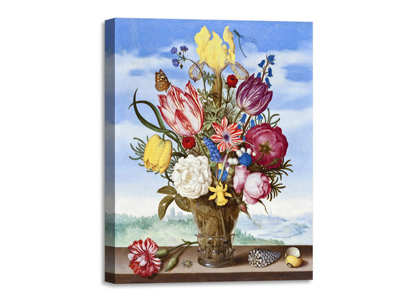 Quadro Stampa su Tela con Telaio in Legno Ambrosius Bosschaert the Elder - Bouquet of Flowers on a Ledge