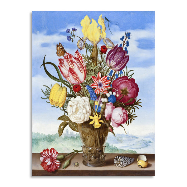 Quadro Stampa su Tela con Telaio in Legno Ambrosius Bosschaert the Elder - Bouquet of Flowers on a Ledge