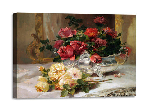 Quadro Stampa su Tela con Telaio in Legno Eugene Henri Cauchois - Roses on a Dressing Table