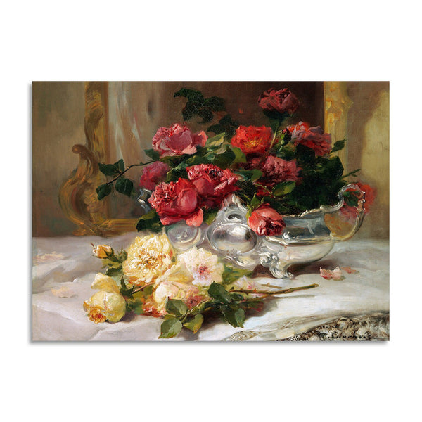 Quadro Stampa su Tela con Telaio in Legno Eugene Henri Cauchois - Roses on a Dressing Table