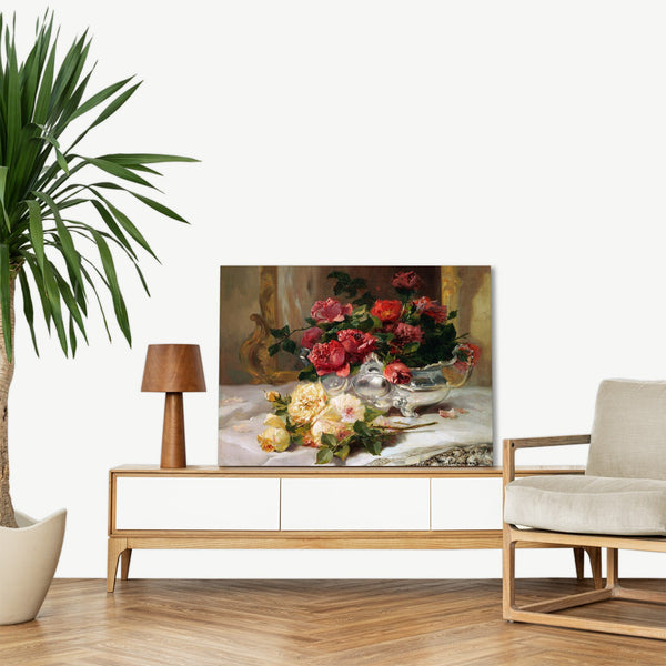Quadro Stampa su Tela con Telaio in Legno Eugene Henri Cauchois - Roses on a Dressing Table
