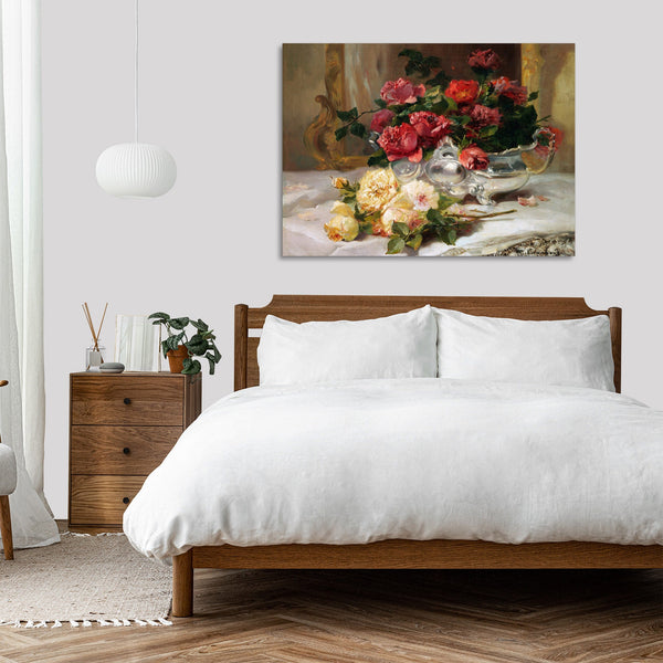 Quadro Stampa su Tela con Telaio in Legno Eugene Henri Cauchois - Roses on a Dressing Table